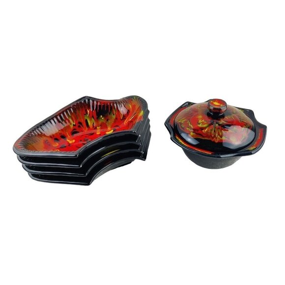 MCM Relish Platter/Dish 5Parts Red/Orange Black Multi Color 50/60"s Calf Pottery - Picture 6 of 12